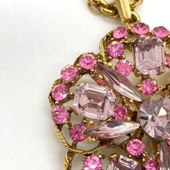 Vintage Pink Crystal Pendant Necklace With Gold Tone Double Rope Chain 30" - Picture 9 of 16